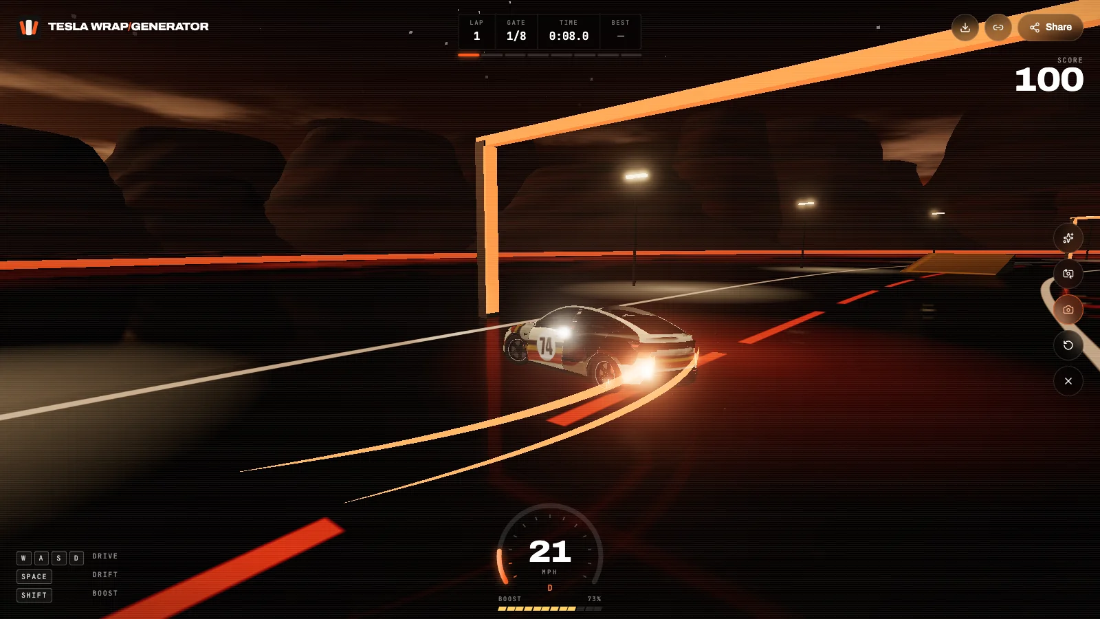 A custom Tesla wrap drifting on the 3D test track