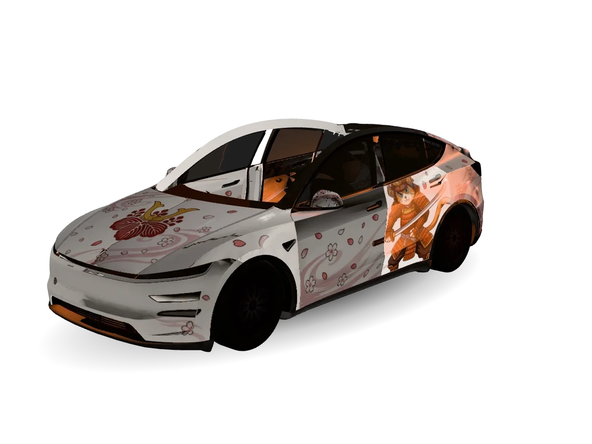 An Anime Samurai Cat Holding A Tesla wrap for Model Y 2025+ Premium